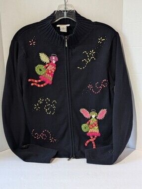 Vintage Talbots Sweater S Black Zip-Up Jacket Christmas Angel/ Fairy Appliqués